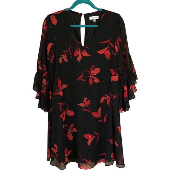 Calvin Klein Womens Shift Dress Size 8 Black Red Mini Ruffle Flared Sleeve - Picture 1 of 5